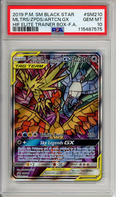 Pokemon Graded: Moltres & Zapdos & Articuno #SM210 Hidden Fates ETB Promo (2019) Full Art Holo PSA 10