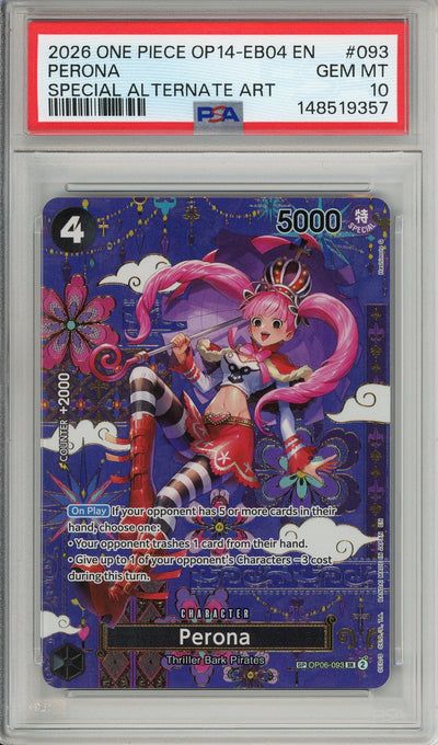 One Piece Graded: Perona Alt Art OP06-093 The Azure Sea's Seven PSA 10