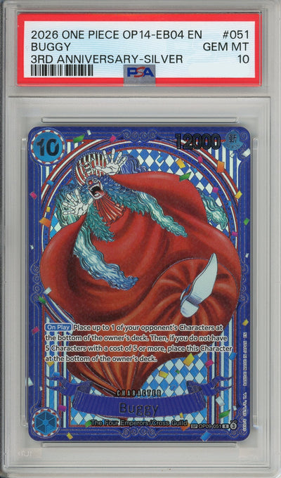 One Piece Graded: Buggy Alt Art OP09-052 3rd Anniversary- Silver PSA 10