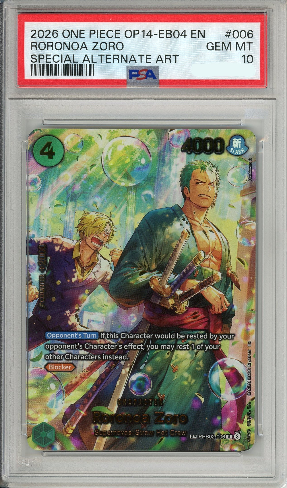 One Piece Graded: Roronoa Zoro Alt Art PRB02-006 The Azure Sea's Seven PSA 10