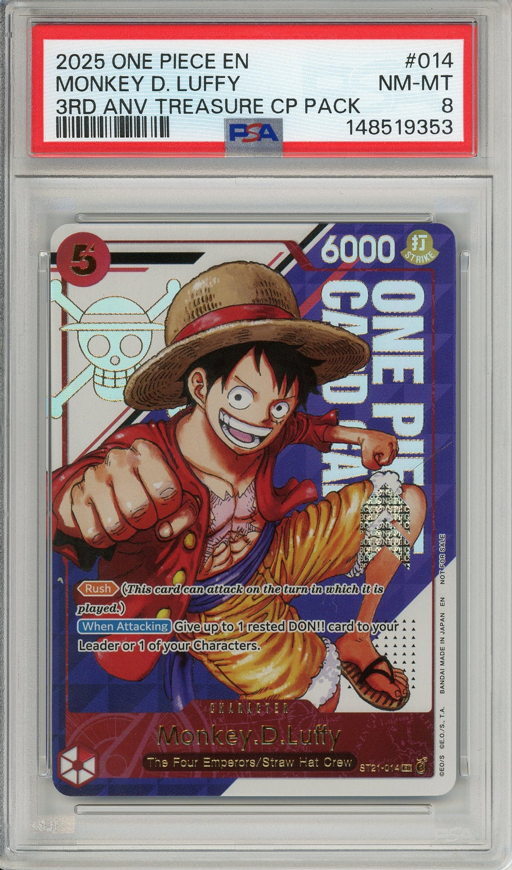 One Piece Graded: Monkey D. Luffy ST21-014 3rd Anniversary CP Pack PSA 8
