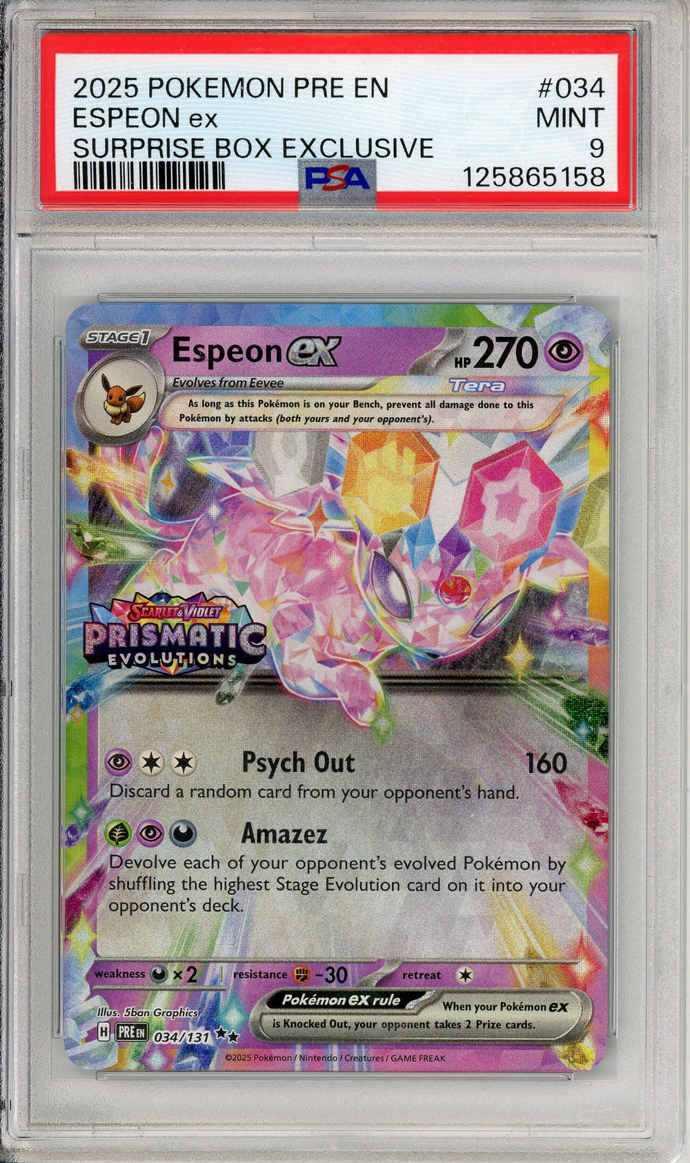 Pokemon Graded: Espeon ex 034/131 Prismatic Evolutions Surprise Box Stamped (2025) PSA 9