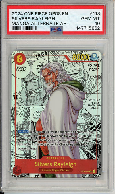 One Piece Graded: Silvers Rayleigh Alt Art Manga OP08-118 Two Legends PSA 10