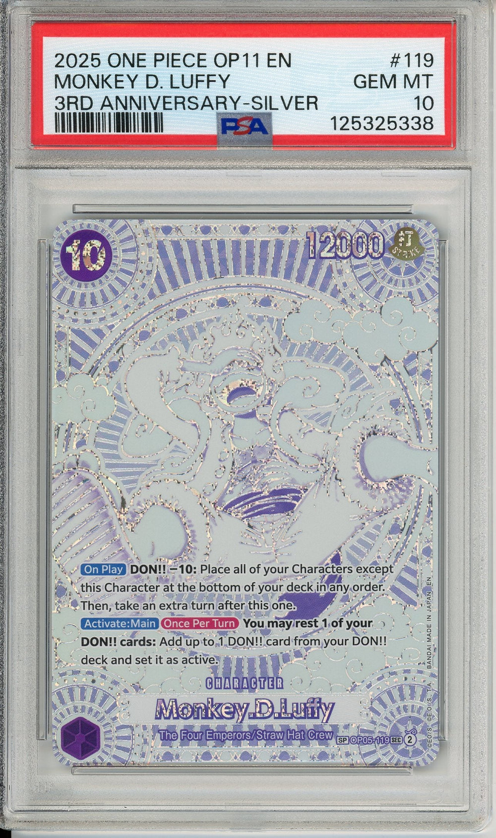 One Piece Graded: Monkey D. Luffy OP05-119 3rd Anniversary Silver PSA 10