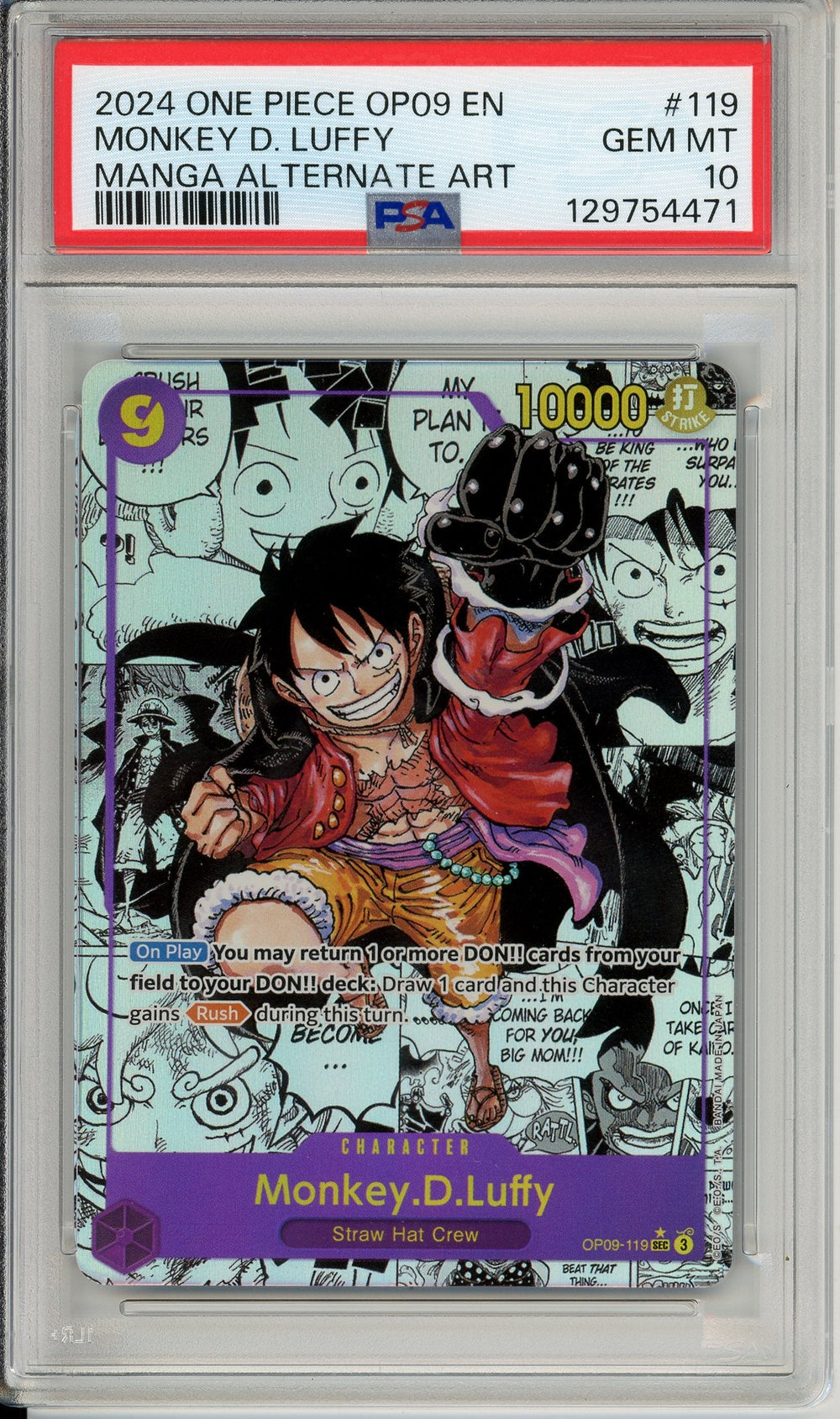 One Piece Graded: Monkey D. Luffy Alt Art Manga OP09-119 Emperors In The New World PSA 10