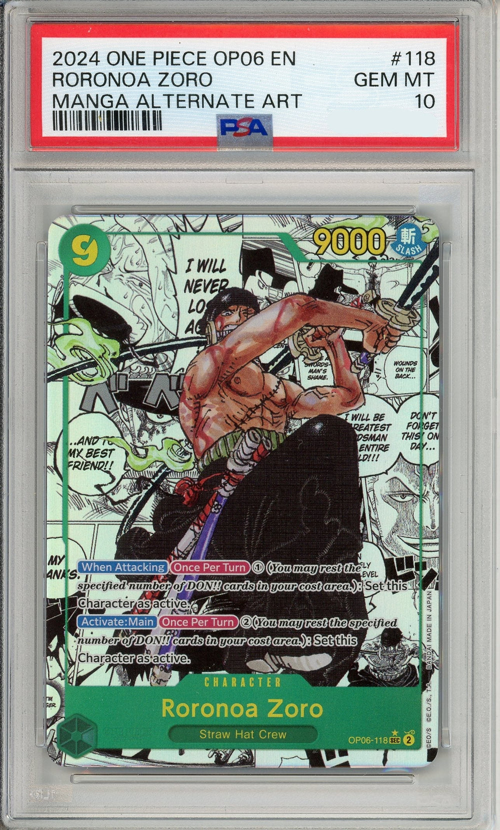One Piece: Roronoa Zoro Manga Alt Art OP06-118 Wings of the Captain PSA 10