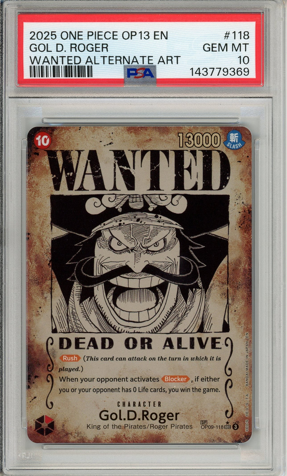One Piece Graded: Gol D. Roger Wanted Poster OP09-118 Carrying On His Will PSA 10