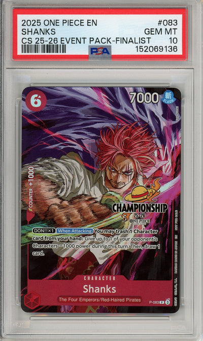 One Piece Graded: Shanks P-083 Championship 25-26 Event Pack Finalist PSA 10