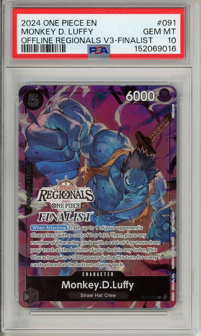 One Piece Graded: Monkey. D. Luffy OP07-091 Offline Regionals 2023 Finalist PSA 10