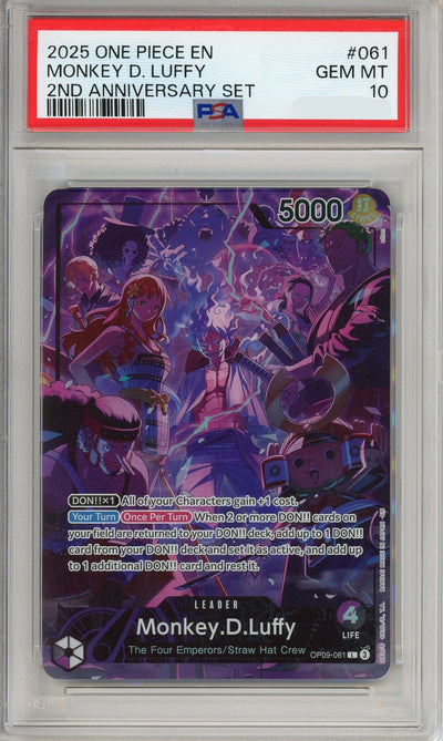 One Piece Graded: Monkey D. Luffy Leader OP09-061 2nd Anniversary Set PSA 10