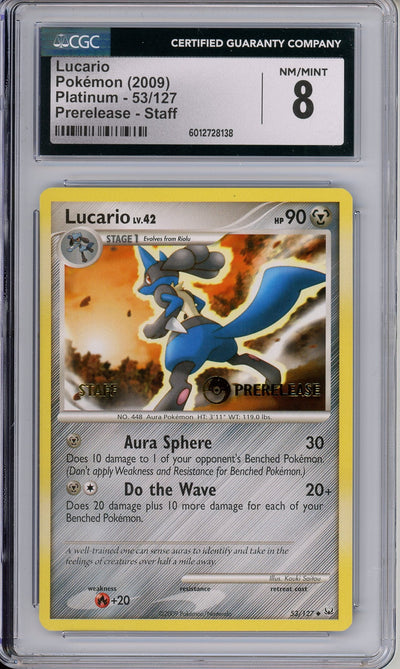 Pokemon Graded: Lucario Prerelease Staff 53/127 Platinum (2009) CGC 8