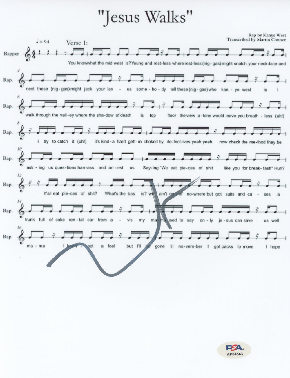 Kanye West Authentic Signed 8.5x11 Jesus Walks Music Sheet Photo PSA #AP84543