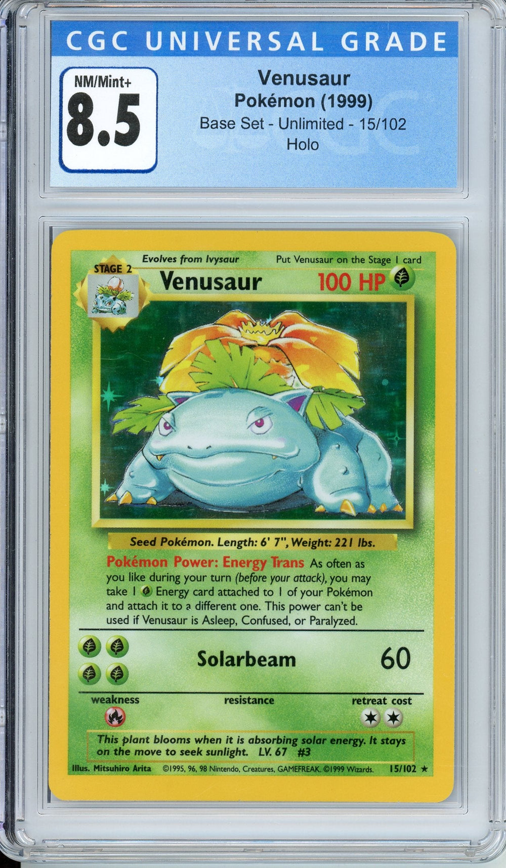 Pokemon Graded: Venusaur 15/102 Base Set Unlimited (1999) Holo CGC 8.5