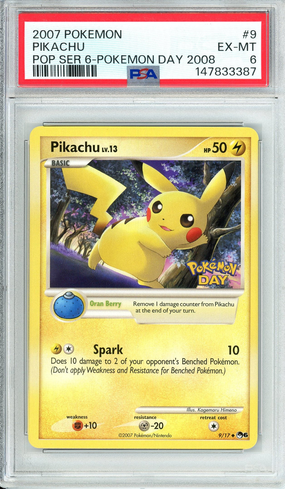 Pokemon Graded: Pikachu 9/17 Pop Series 6 Pokemon Day Stamped (2008) PSA 6