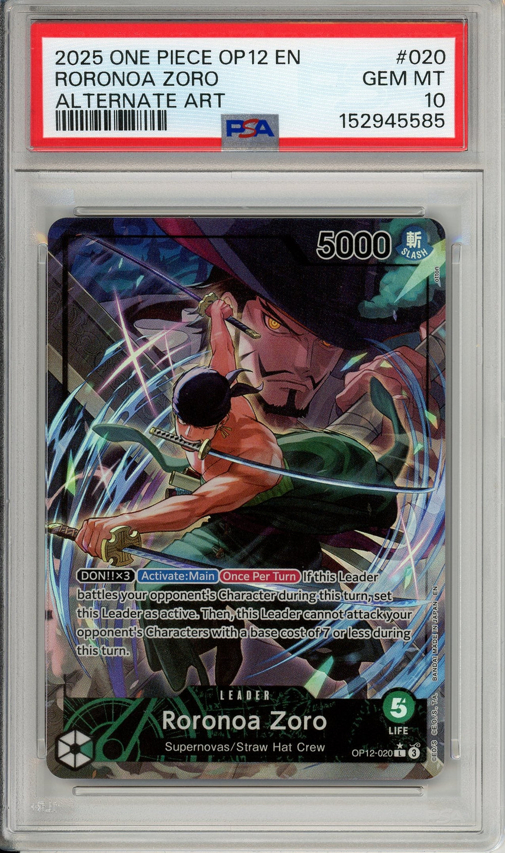 One Piece Graded: Roronoa Zoro OP12-020 Alternate Art Leader PSA 10