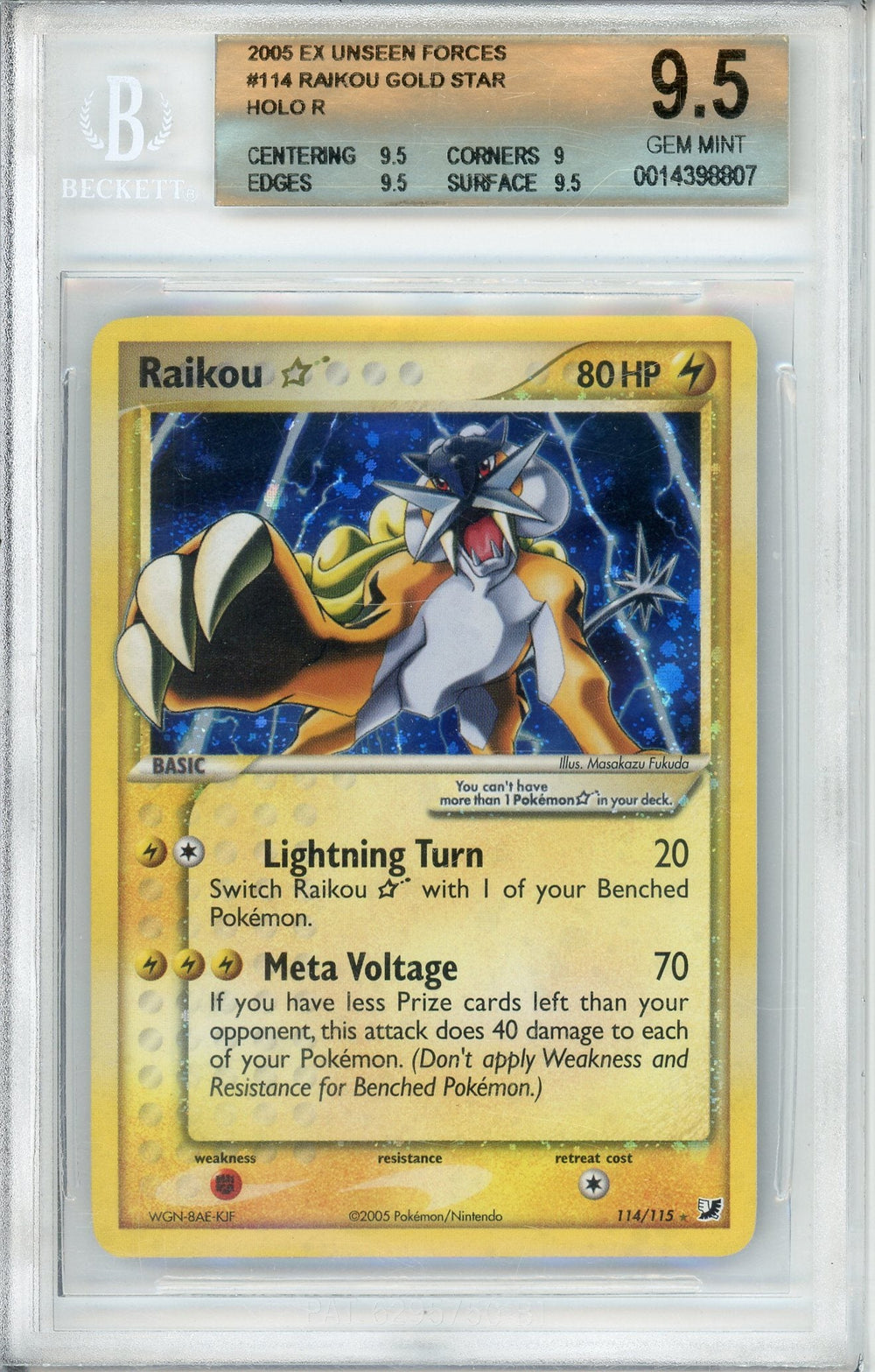 Pokemon Graded: Raikou Gold Star 114/115 Unseen Forces (2006) Holo Beckett 9.5