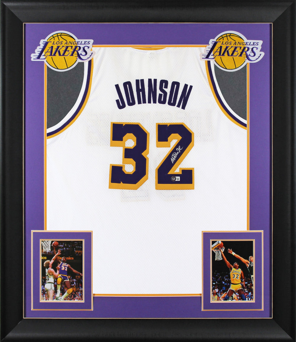 Magic Johnson Authentic Signed White Pro Style Framed Jersey BAS Witnessed 2