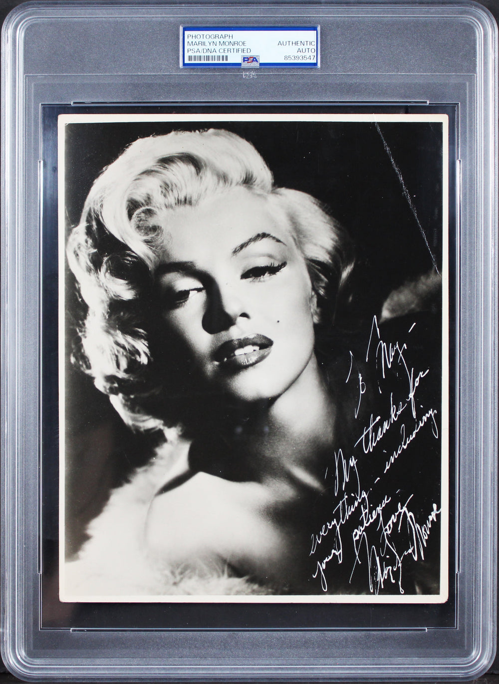 Marilyn Monroe "My thanks for everything" Signed 7.5x9.5 Photo PSA Slabbed