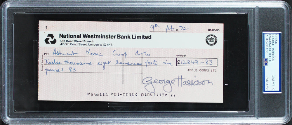 George Harrison The Beatles Signed 3.5x8 1972 Apple Corporation Auto 10 PSA Slab