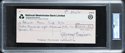 George Harrison The Beatles Signed 3.5x8 1972 Apple Corporation Auto 10 PSA Slab
