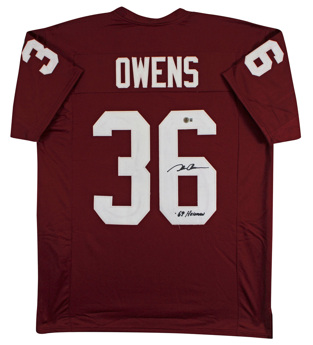 Oklahoma Steve Owens "69 Heisman" Signed Maroon Pro Style Jersey BAS Witnessed 2