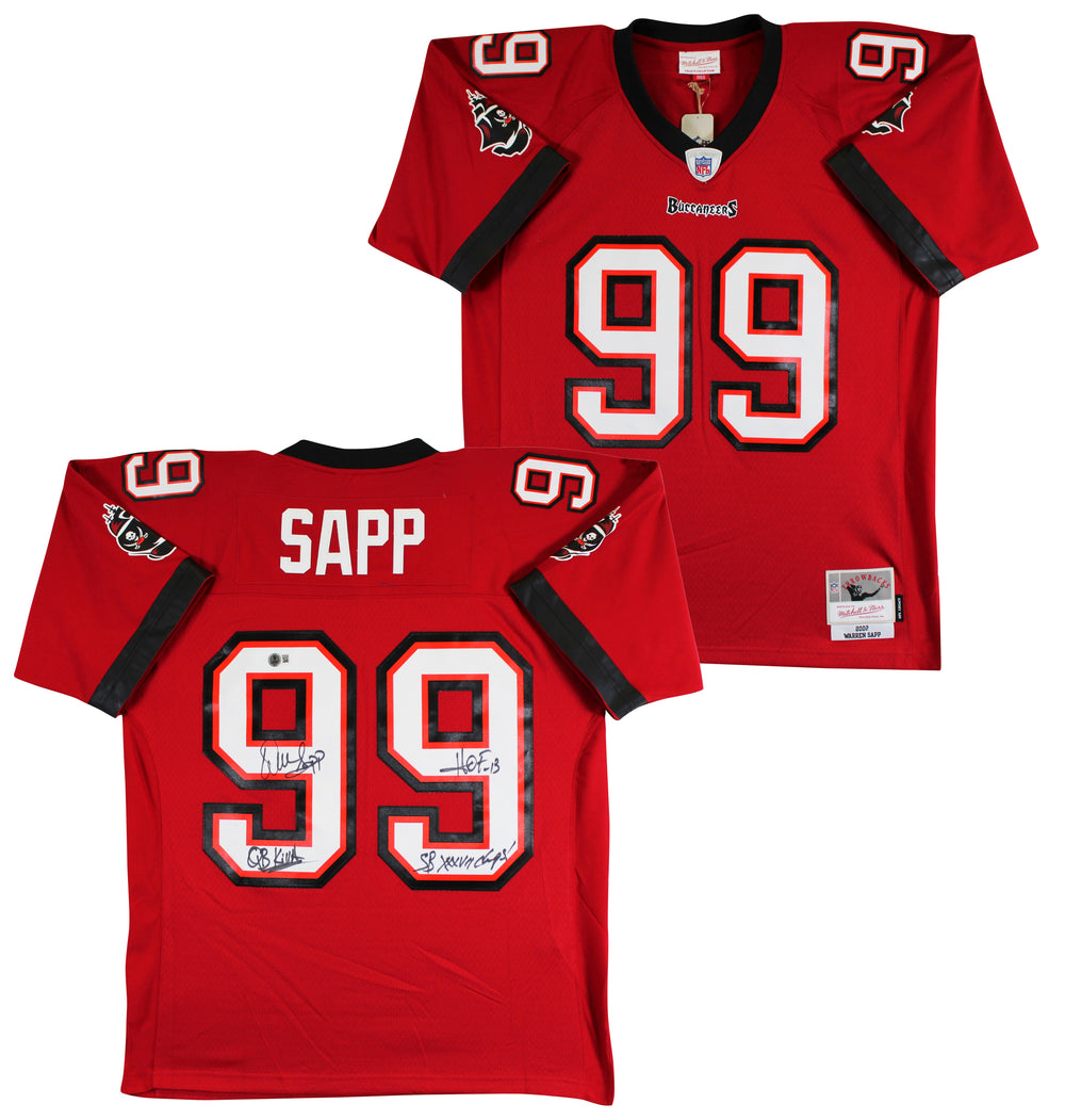 Buccaneers Warren Sapp "3x Insc" Signed Red Mitchell & Ness Jersey BAS Witnessed