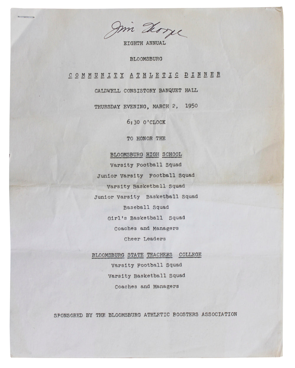 Jim Thorpe Signed 8.5x11 1950 Community Athletic Dinner Program JSA & PSA LOAs