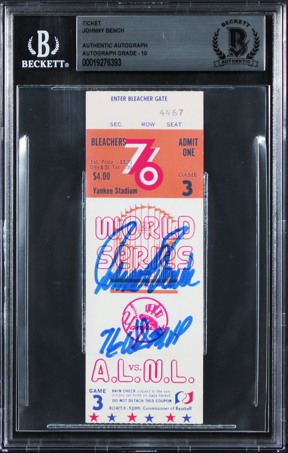 Reds Johnny Bench "76 WS MVP" Signed 1976 WS Game 3 Ticket Stub Auto 10 BAS Slab