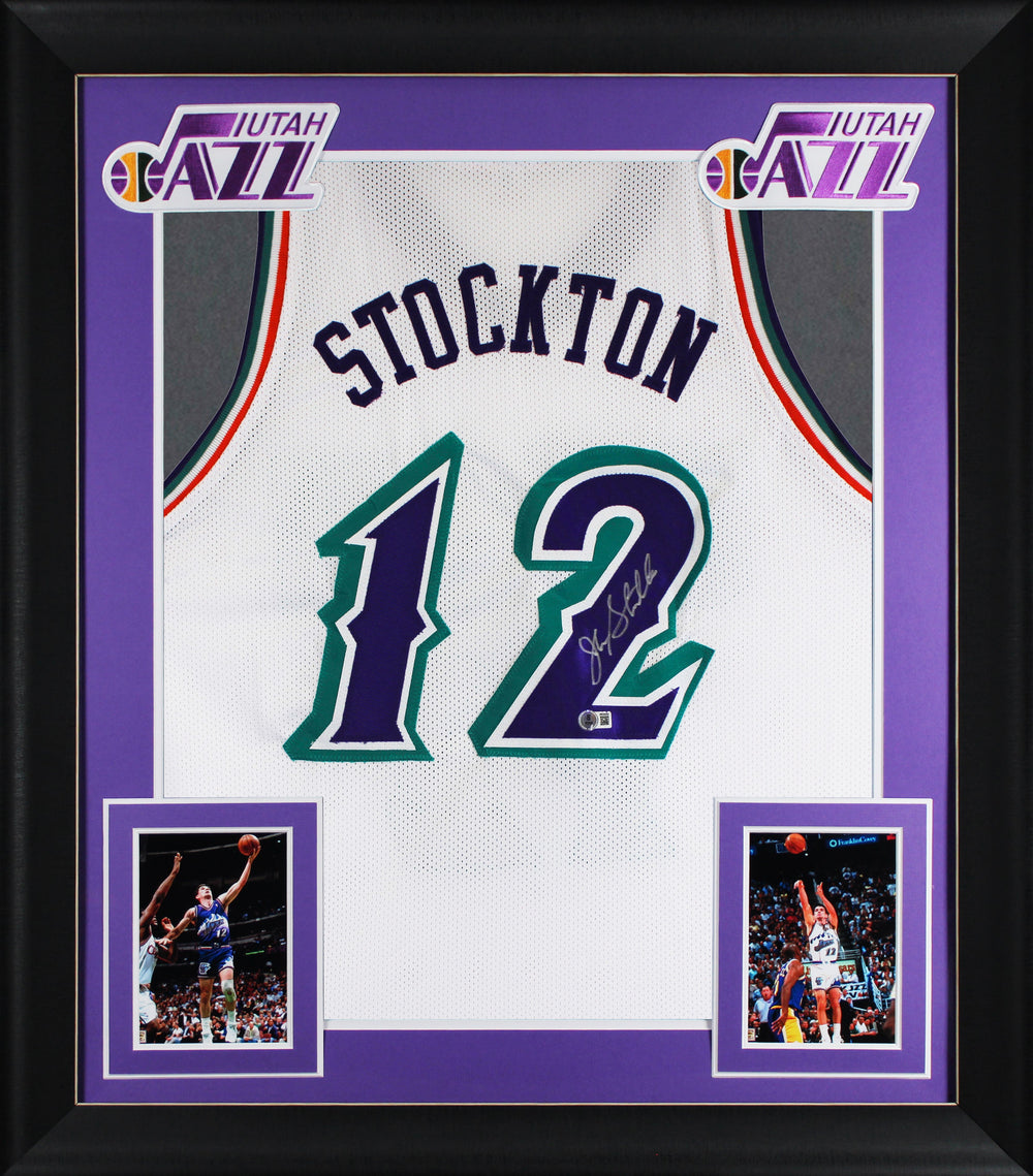 John Stockton Authentic Signed White Pro Style Framed Jersey BAS Witnessed
