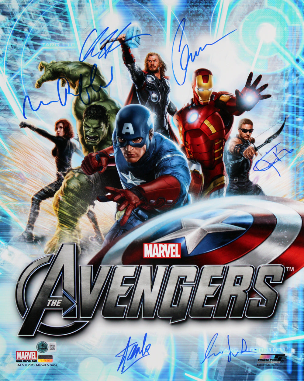 The Avengers Cast (6) Lee, Evans, Ruffalo, Hemsworth +2 Signed 16x20 Photo BAS
