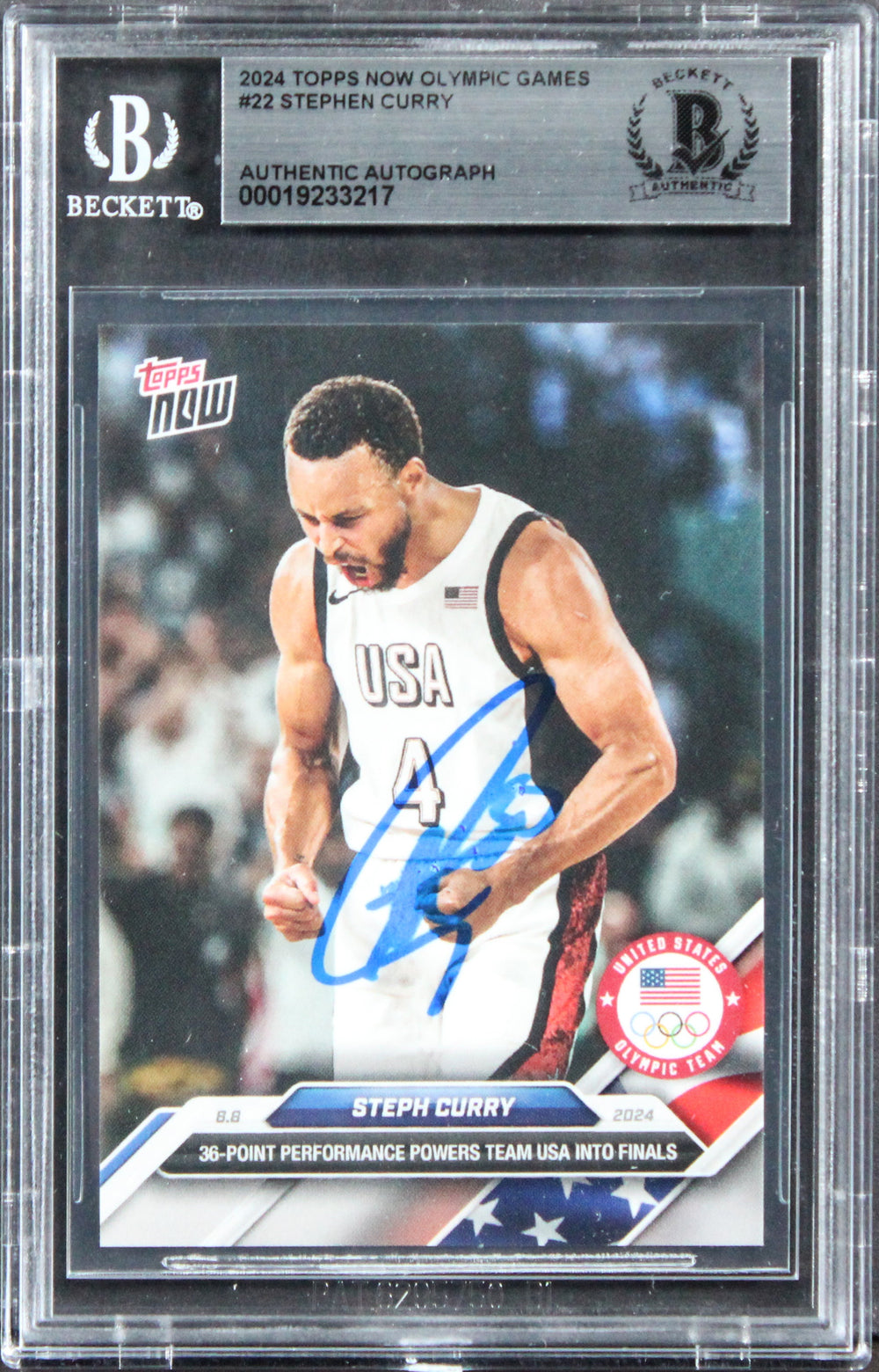 Warriors Stephen Curry Signed 2024 Topps Now Olympic Games #22 Card BAS Slabbed