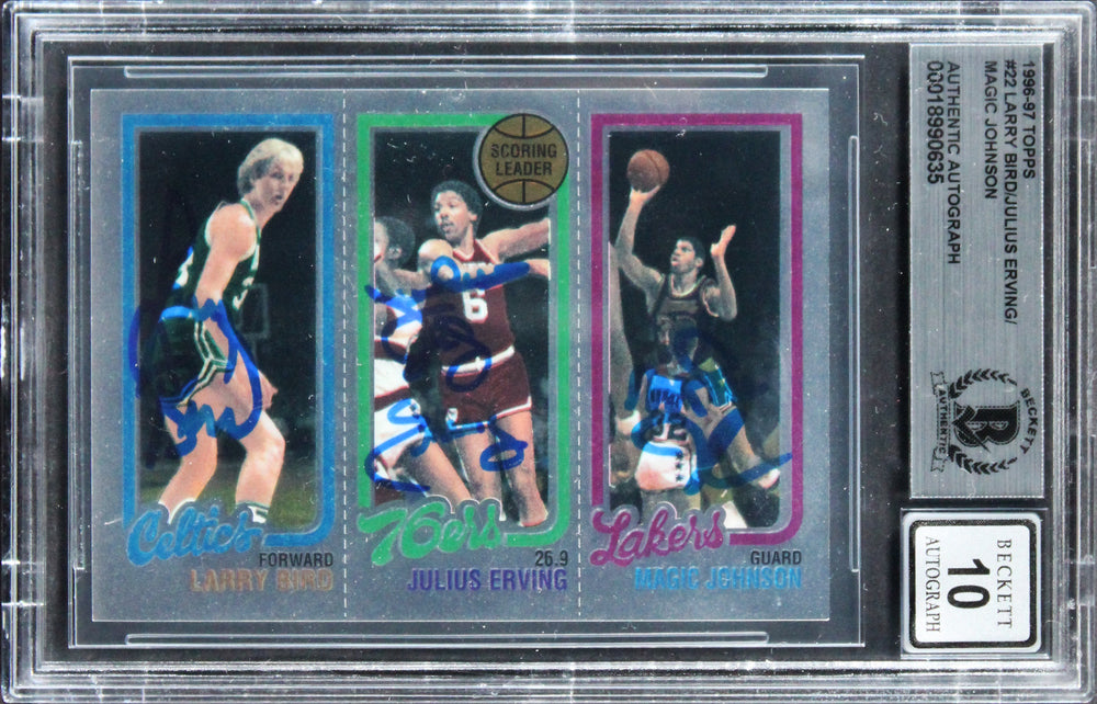 Bird, Erving, Magic Signed 1996 Topps Reprint #22 Card Auto 10 BAS Slab 2