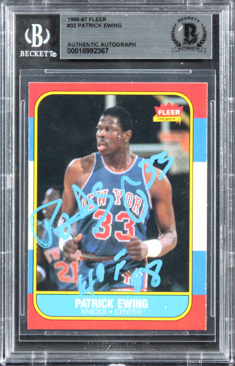 Knicks Patrick Ewing "HOF 08" Authentic Signed 1986 Fleer #32 Card BAS Slabbed