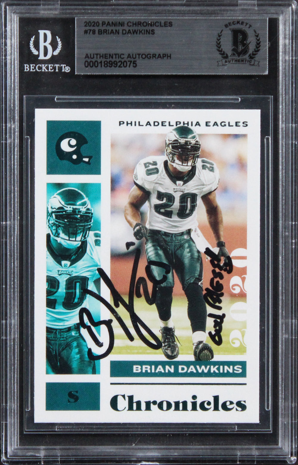 Eagles Brian Dawkins God Bless! Signed 2020 Panini Chronicles #78 Card BAS Slab