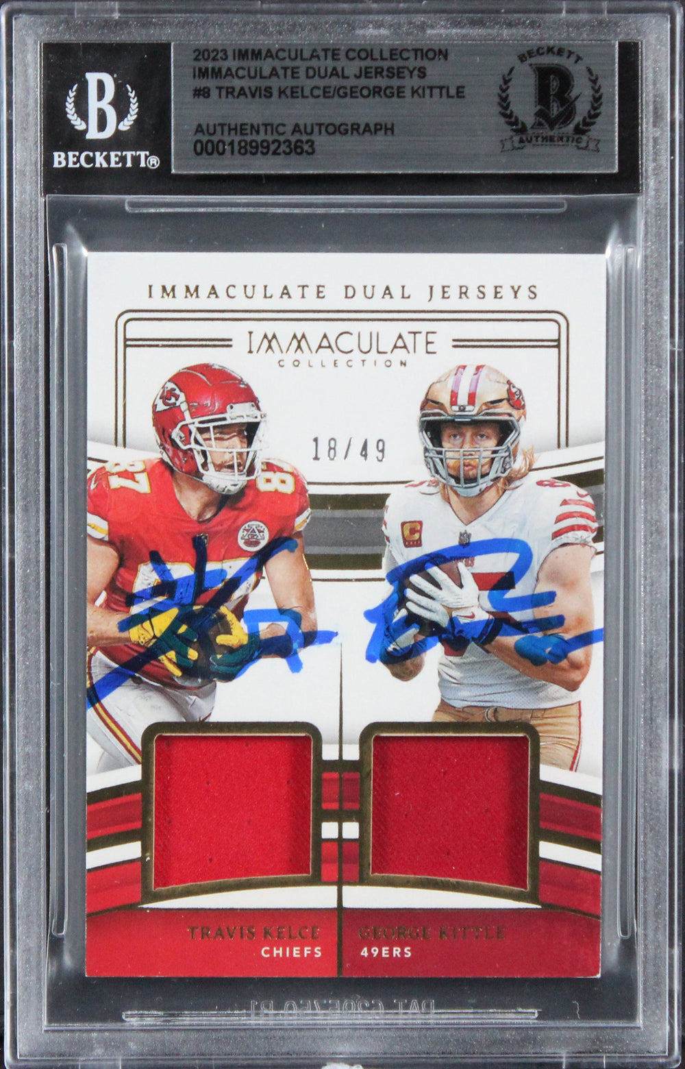 Kelce & Kittle Signed 2023 Immaculate Collection DJ #8 18/49 Card BAS Slabbed