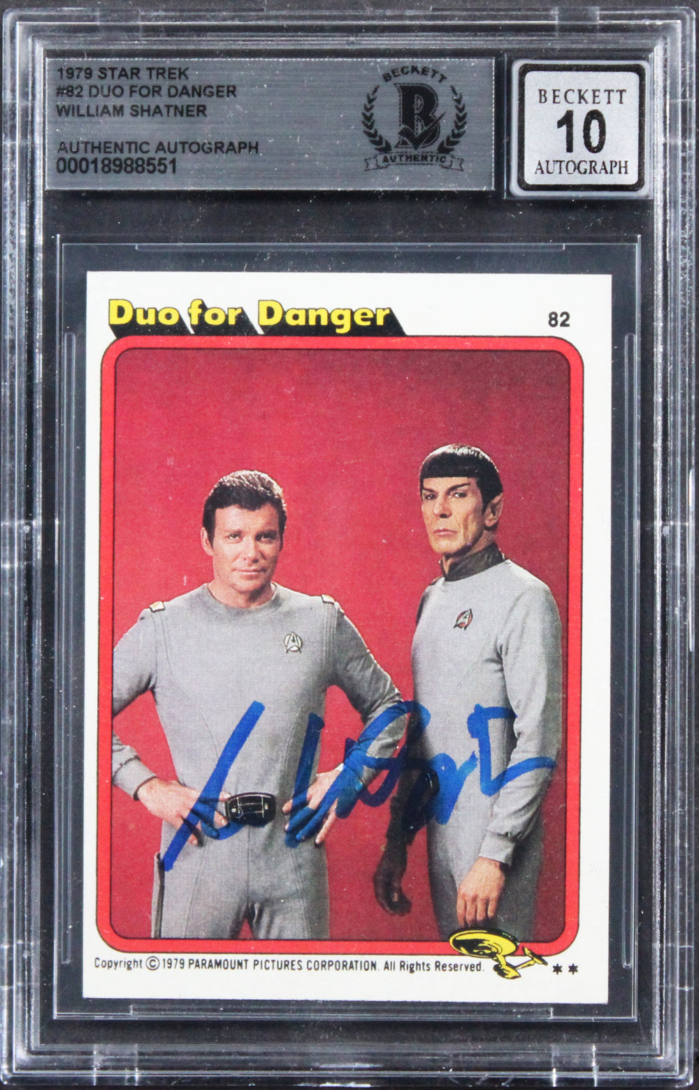 William Shatner Signed 1979 Star Trek #82 Duo For Danger Card Auto 10! BAS Slab