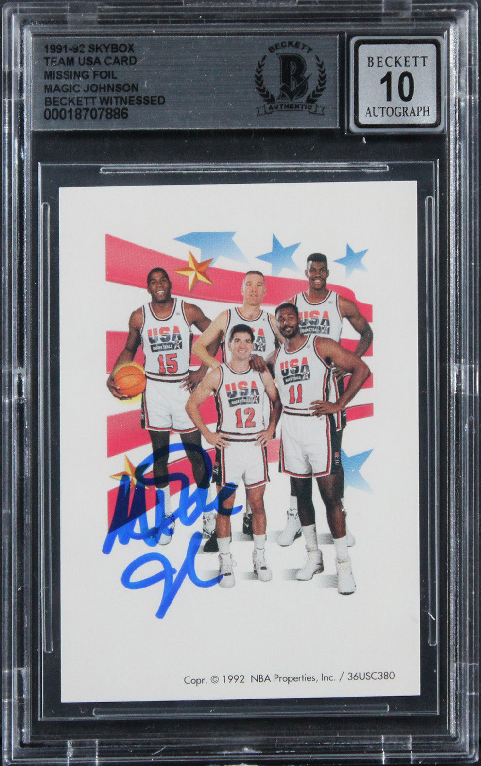 Lakers Magic Johnson Signed 1991 Skybox Team USA Card Auto Grade 10! BAS Slabbed