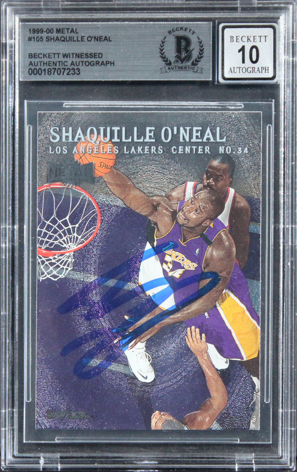 Lakers Shaquille O'Neal Signed 1999 Metal #105 Card Auto Grade 10! BAS Slabbed