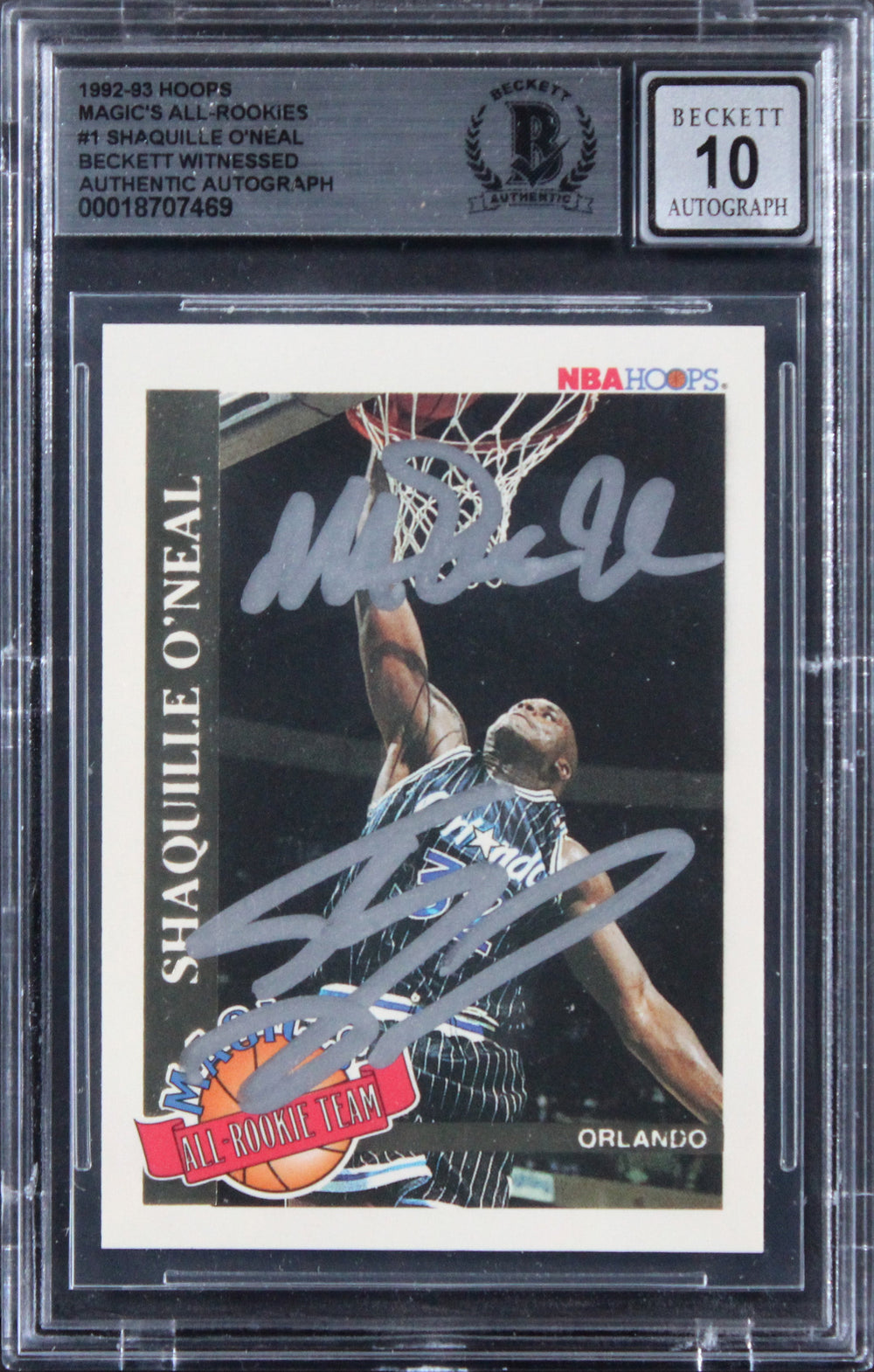 Shaq & Magic Signed 1992 Hoops Magic's All-Rookies #1 RC Card Auto 10! BAS Slab