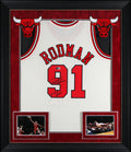 Bulls Dennis Rodman "HOF 2011" Signed Cream M&N HWC Swingman Framed Jersey BAS W