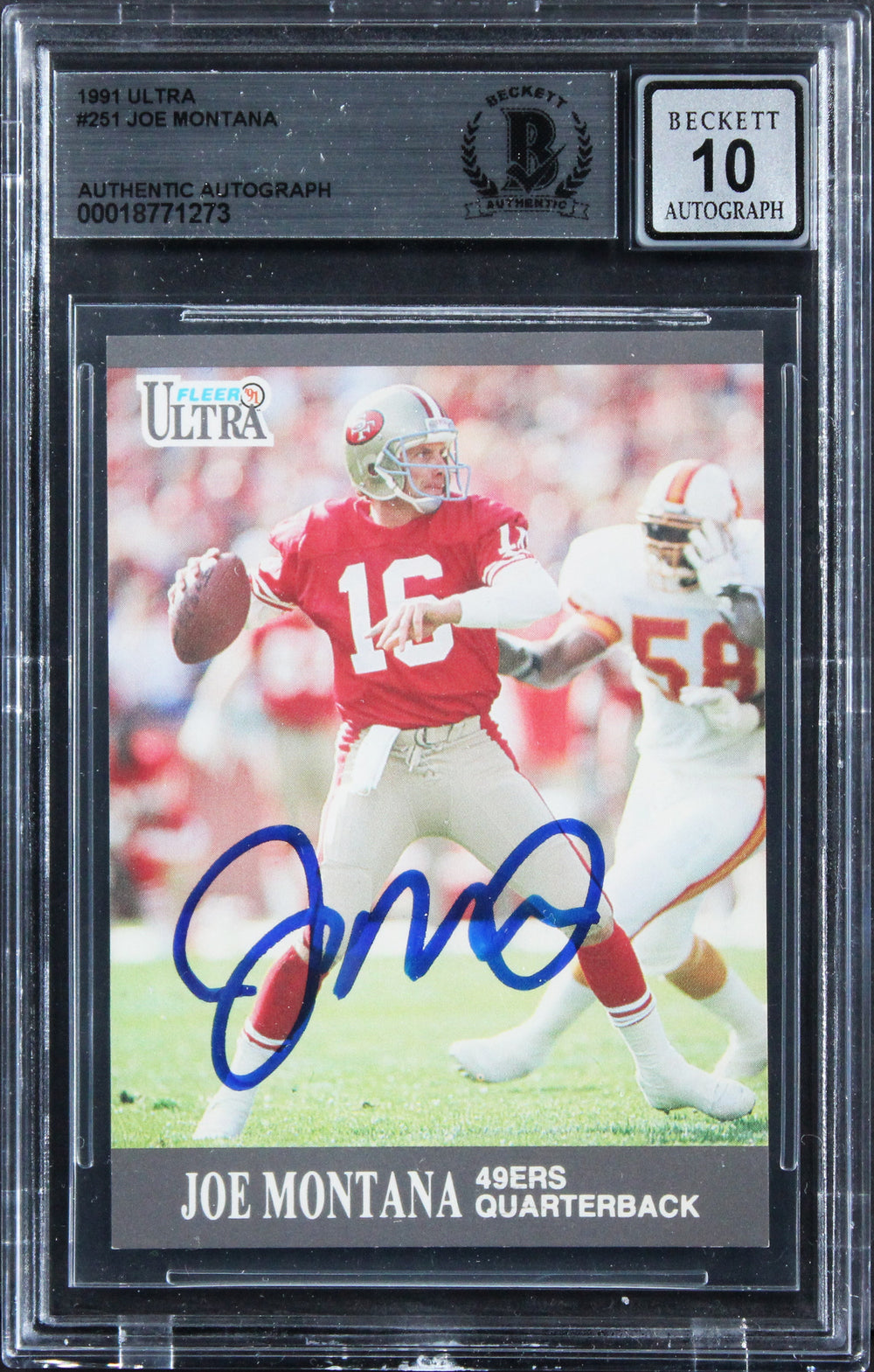 49ers Joe Montana Signed 1991 Ultra #251 Card Auto Grade Gem Mint 10 BAS Slabbed