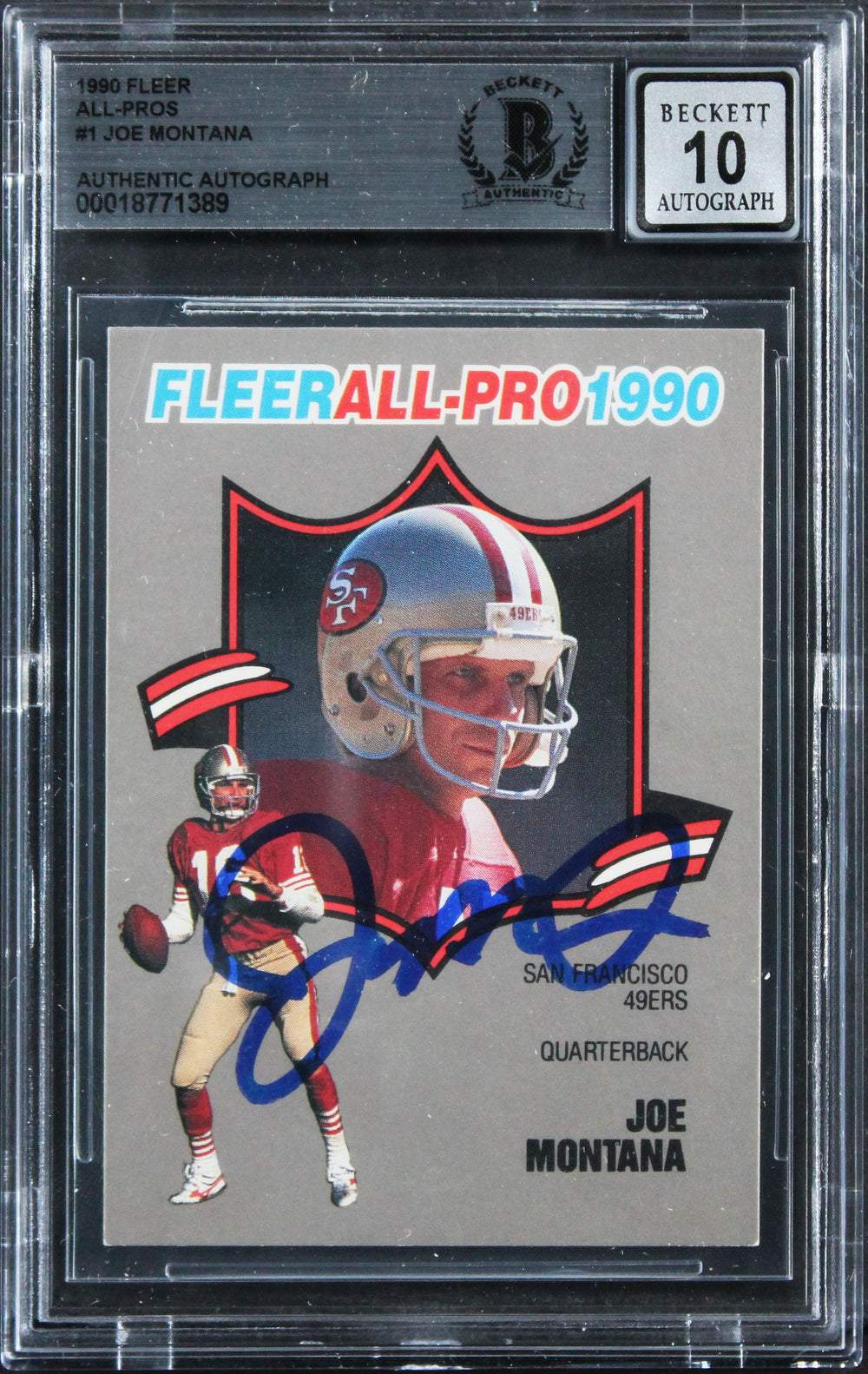 49ers Joe Montana Signed 1990 Fleer All-Pros #1 Card Auto Grade 10! BAS Slabbed