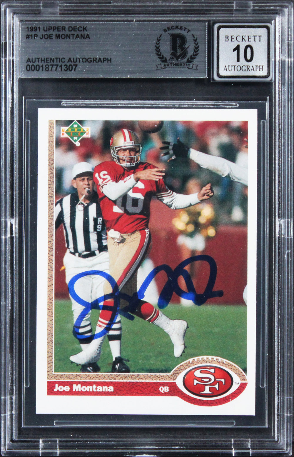 49ers Joe Montana Signed 1991 Upper Deck #1P Card Auto Grade GM 10! BAS Slabbed