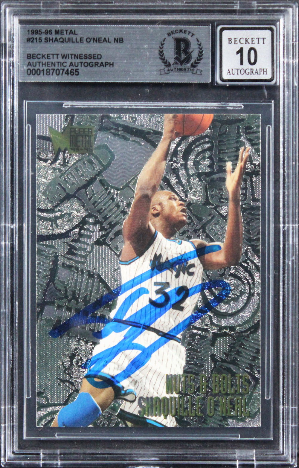 Magic Shaquille O'Neal Signed 1995 Metal #215 Card Auto Grade 10! BAS Slabbed