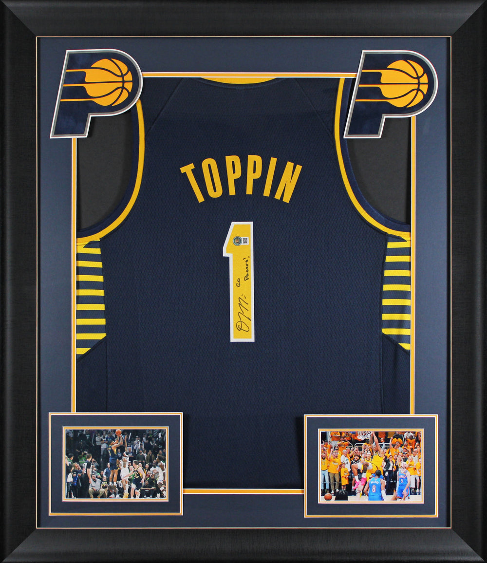 Obi Toppin "Go Pacers!" Signed Navy Pro Style Framed Jersey BAS Witnessed