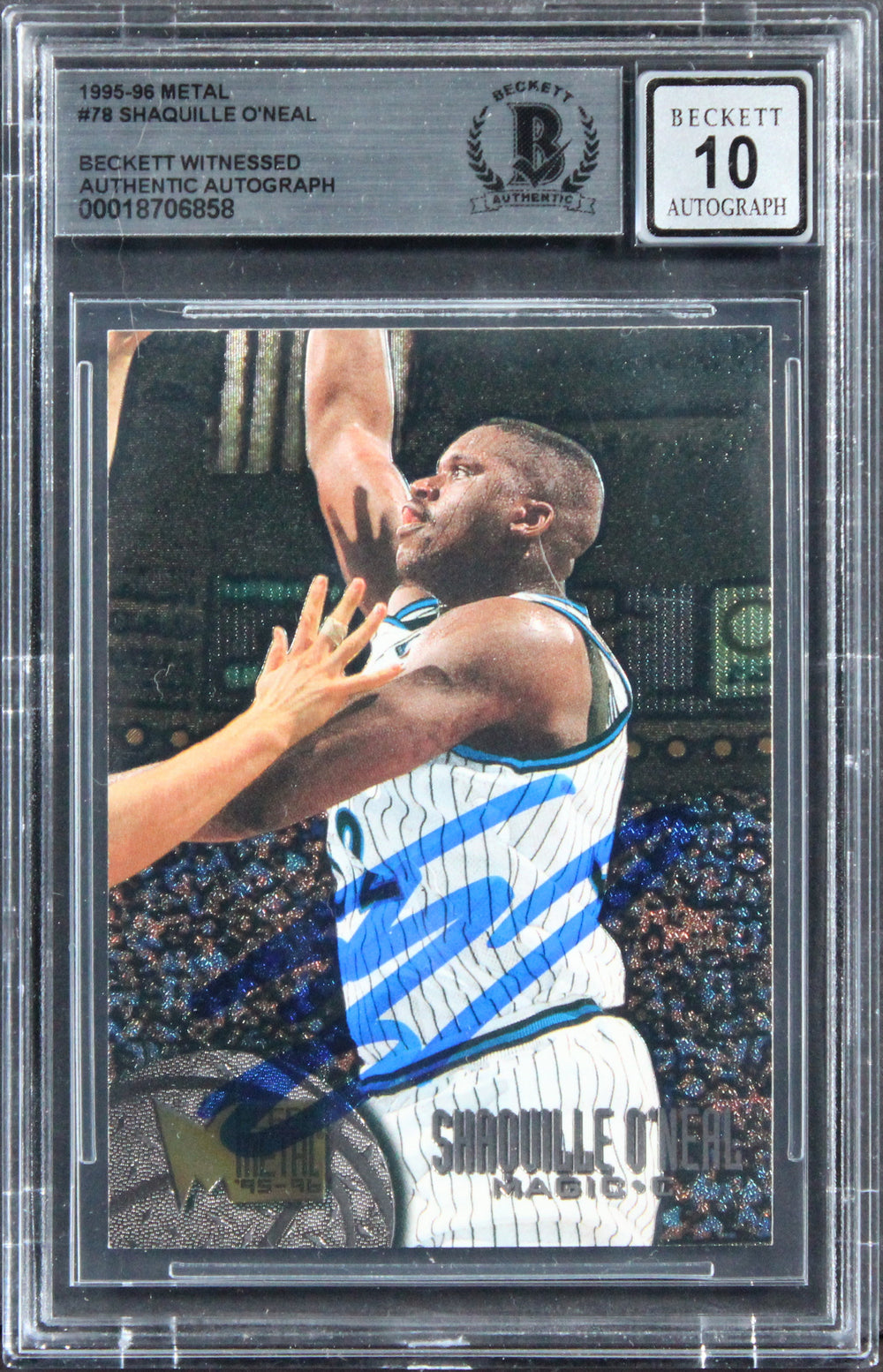 Magic Shaquille O'Neal Signed 1995 Metal #78 Card Auto Grade Gem 10! BAS Slabbed