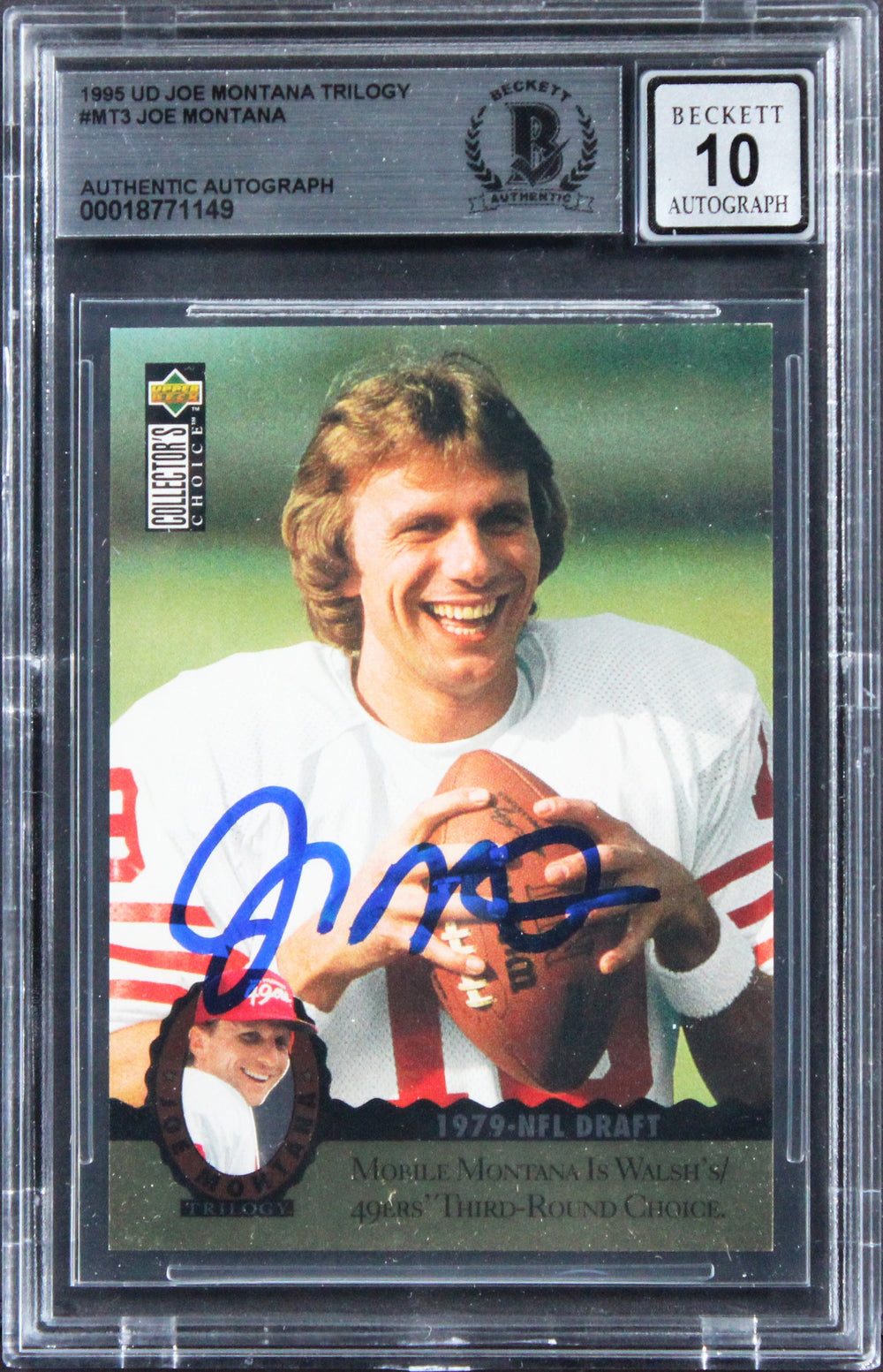 49ers Joe Montana Signed 1995 UD Joe Montana Trilogy #MT3 Card Auto 10! BAS Slab