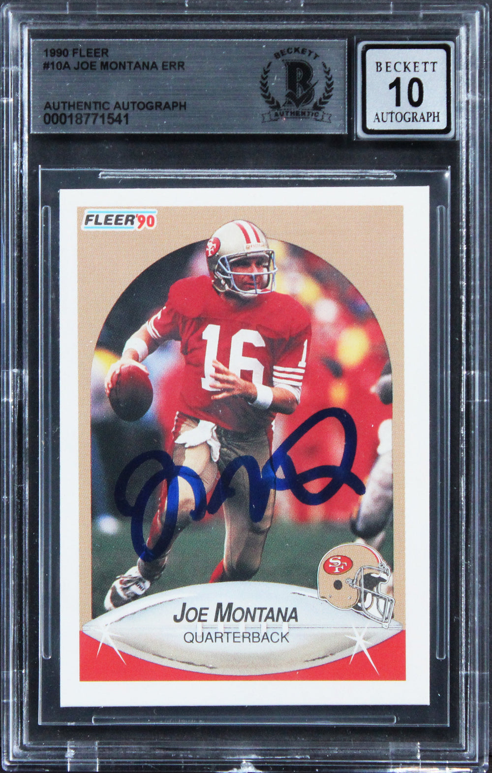49ers Joe Montana Signed 1990 Fleer #10A Error Card Auto Grade 10! BAS Slabbed