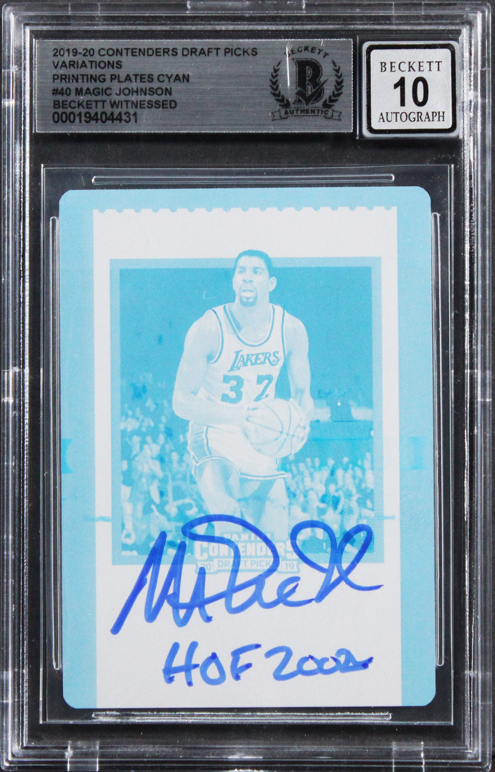 Magic Johnson HOF 2002 Signed 2019 Panini PP Cyan #40 1/1 Card Auto 10 BAS Slab