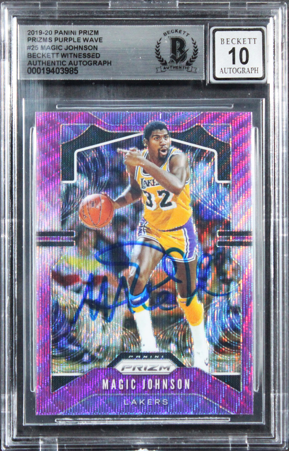 Magic Johnson Signed 2019 Panini Prizm Purple Wave 325 Card Auto 10! BAS Slabbed